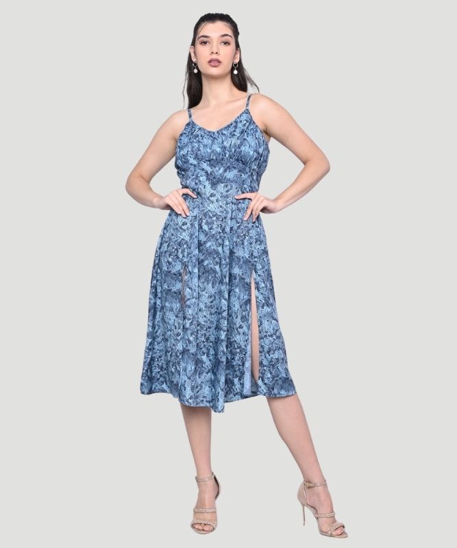 Women's Blue Abstract Print Regular Fit A-line Midi Dress